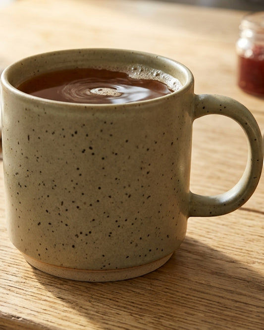 Modha Speckled Stoneware Mug 350 ml Olive - Lifestyle view